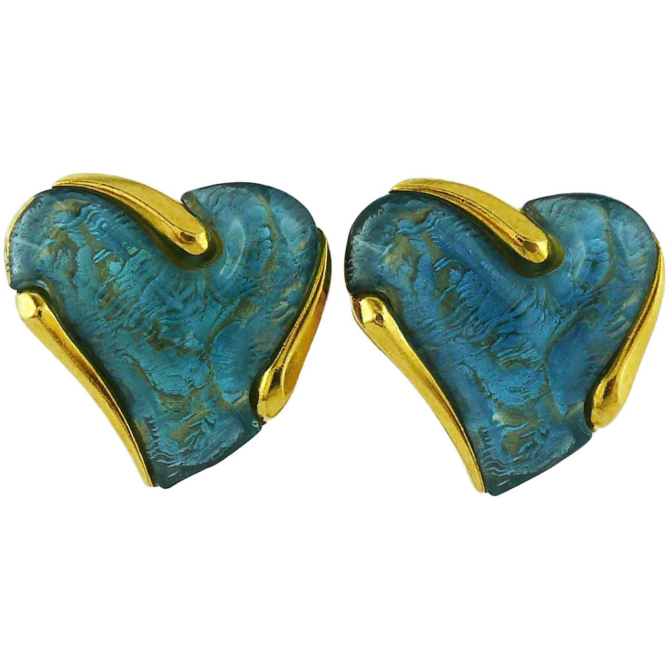 Yves Saint Laurent YSL Vintage Blue Heart Clip-On Earrings