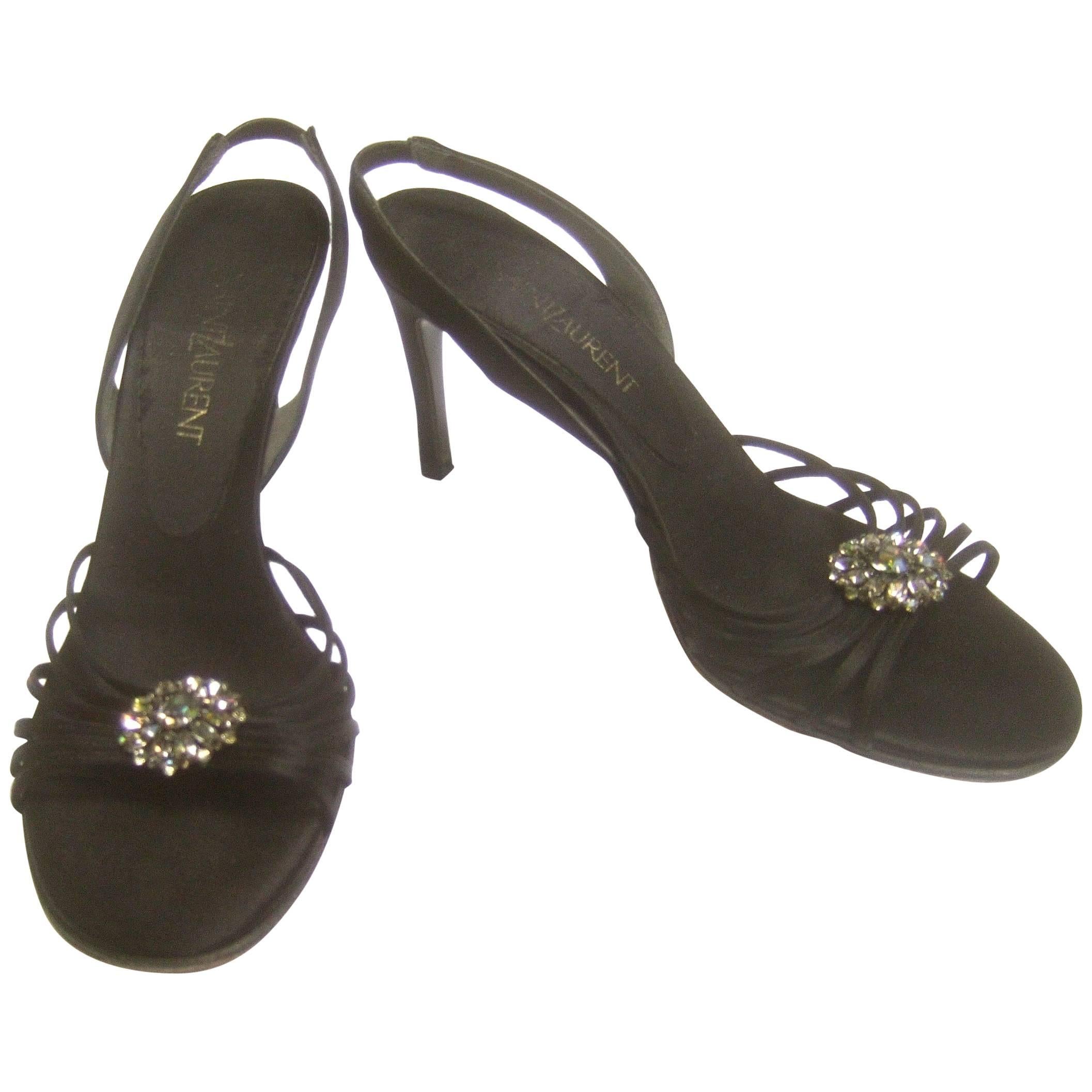 Yves Saint Laurent Black Crystal Satin Pumps in YSL Box Size 7.5 M For Sale