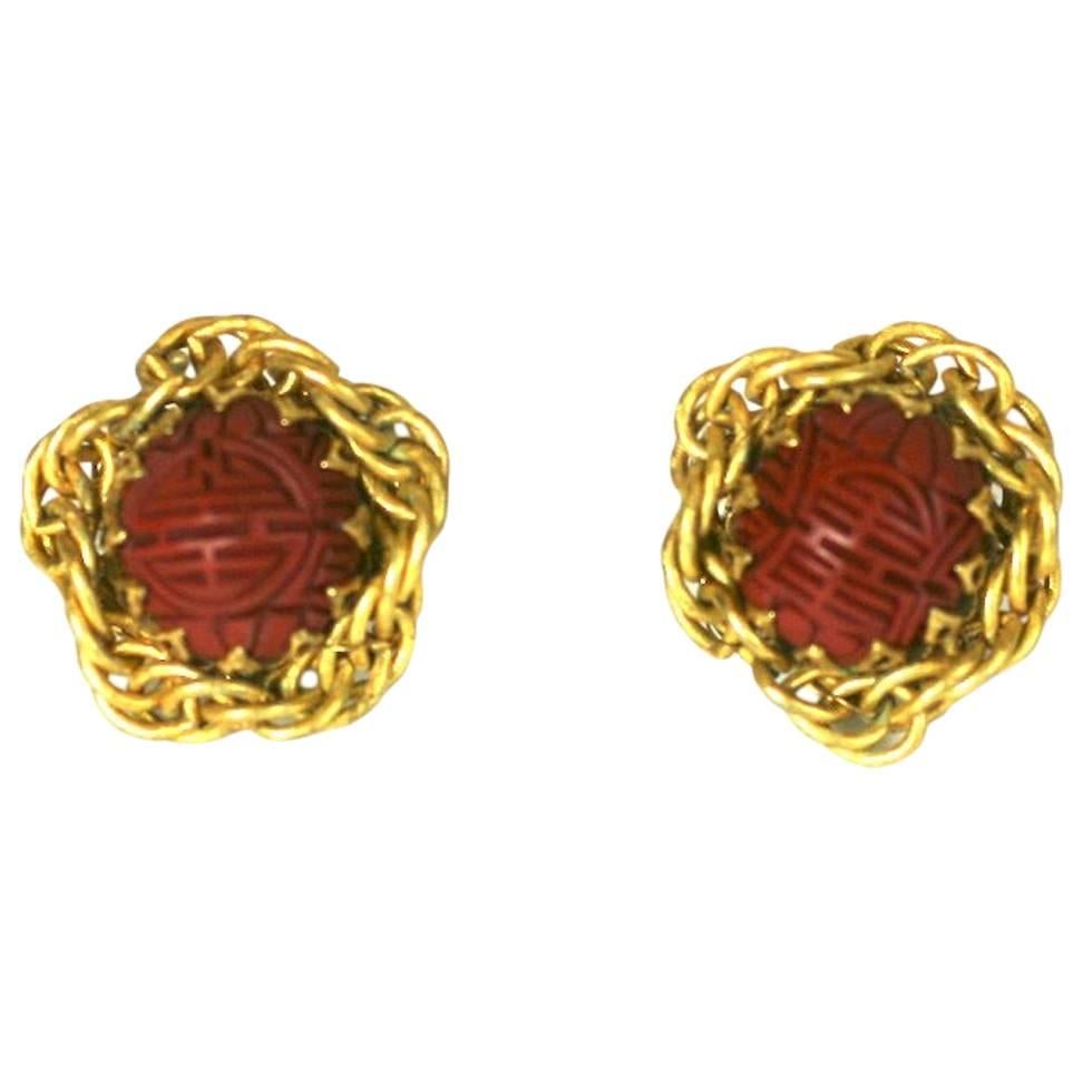 Miriam Haskell Cinnabar and Gilt Earclips For Sale