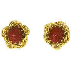 Retro Miriam Haskell Cinnabar and Gilt Earclips