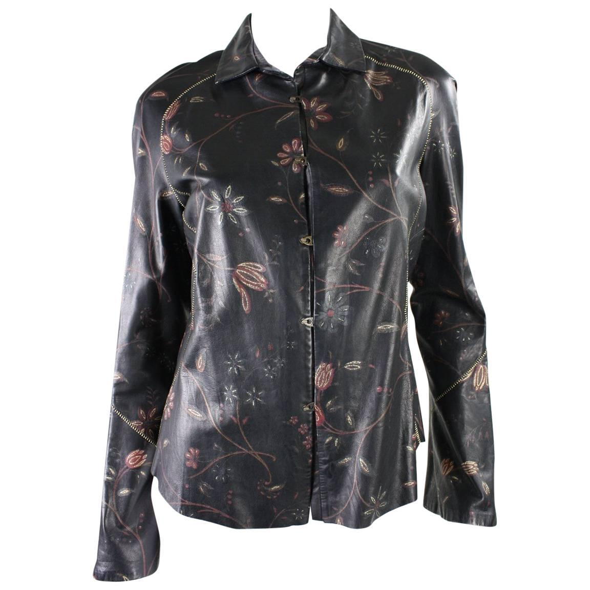 Roberto Cavalli Leather Blouse or Jacket with Gold Stitching For Sale