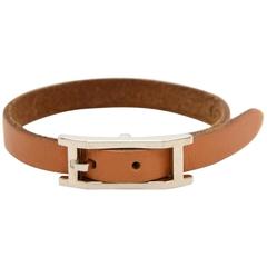 Hermes Api III Brown Leather Silver Tone H Logo Bracelet