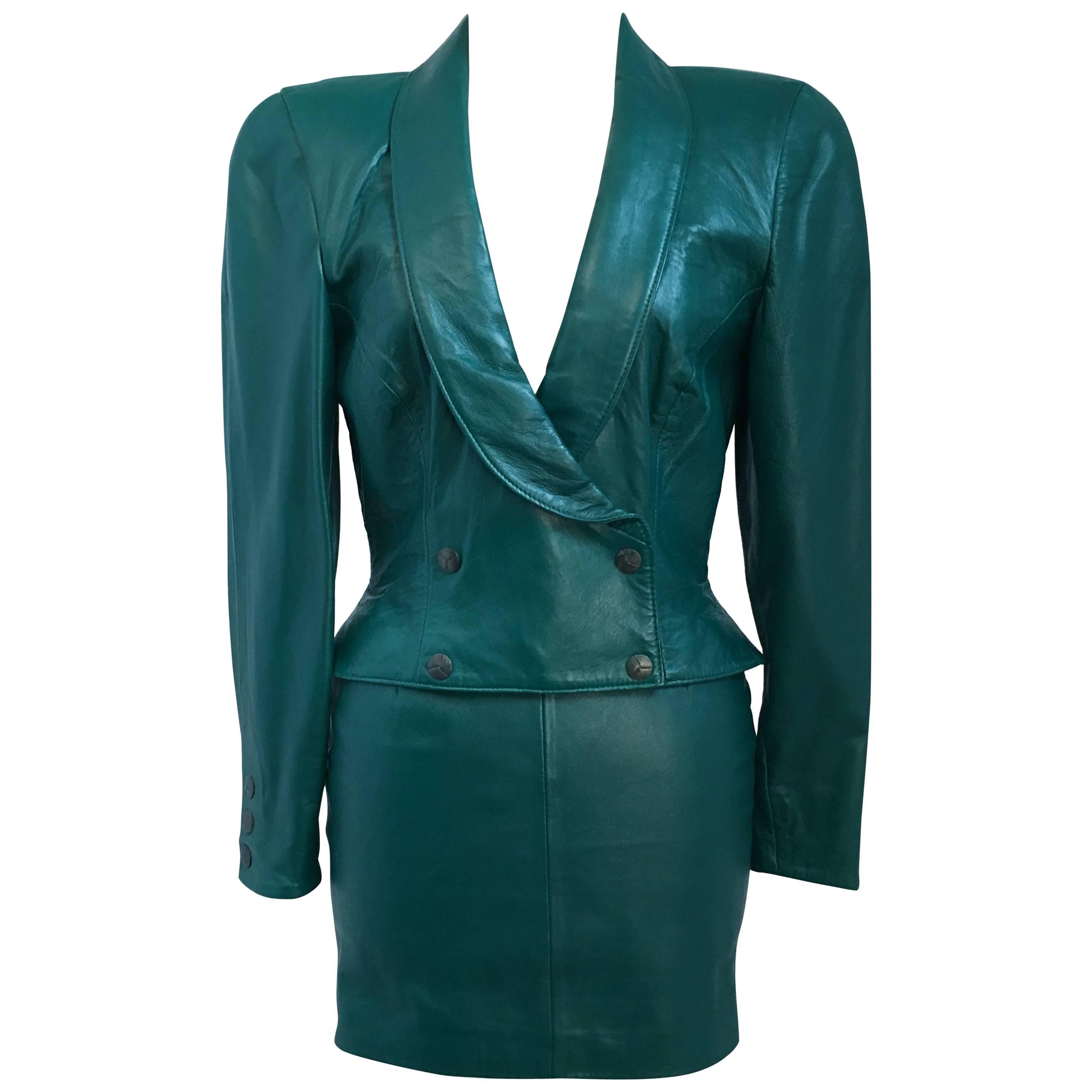 80s Michael Hoban North Beach Leather Emerald Green Jacket and Mini Skirt Set