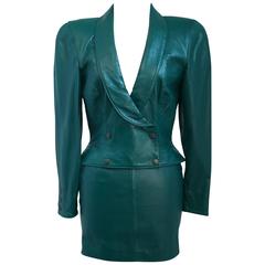 Vintage 80s Michael Hoban North Beach Leather Emerald Green Jacket and Mini Skirt Set