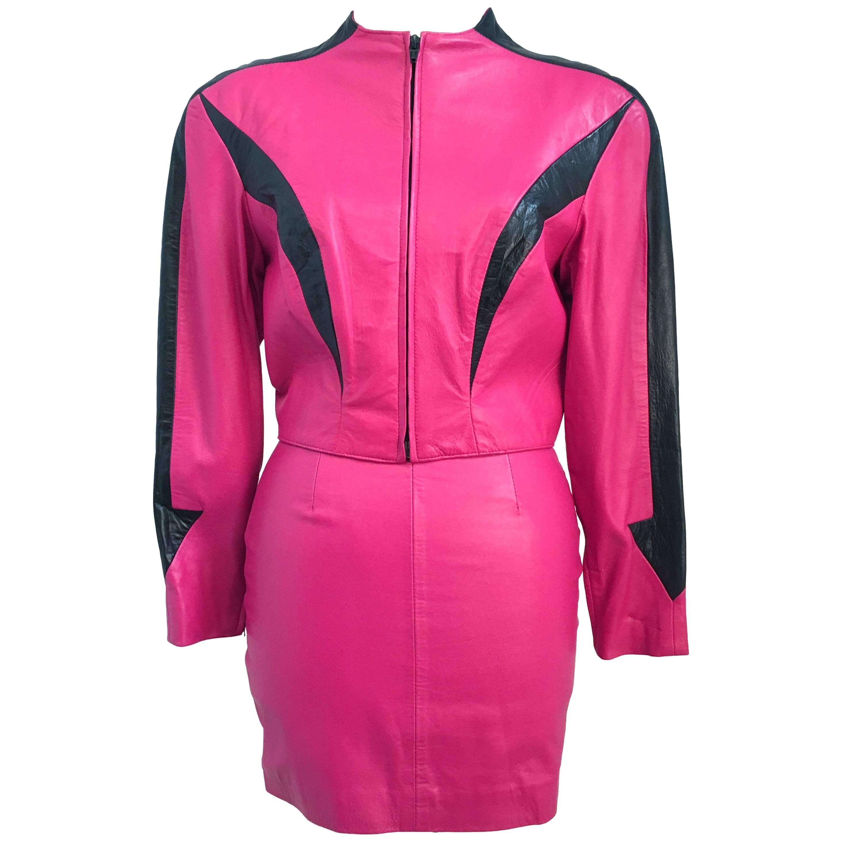 80s Michael Hoban North Beach Leather Hot Pink Jacket and Mini Skirt
