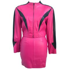 80s Michael Hoban North Beach Leather Hot Pink Jacket and Mini Skirt Set