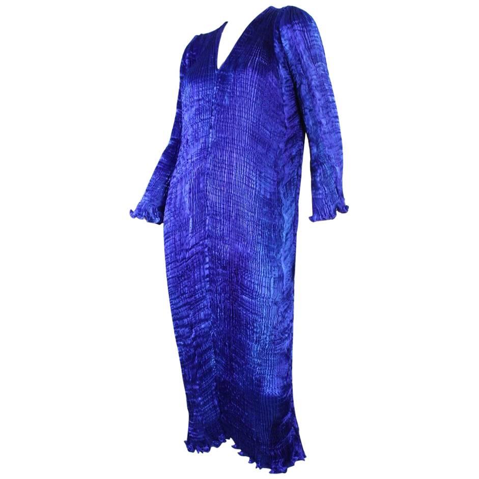 Patricia Lester Cobalt Blue Pleated Silk Gown For Sale