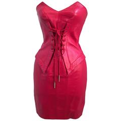 80s Michael Hoban North Beach Leather Bright Red Lace Up Mini Dress
