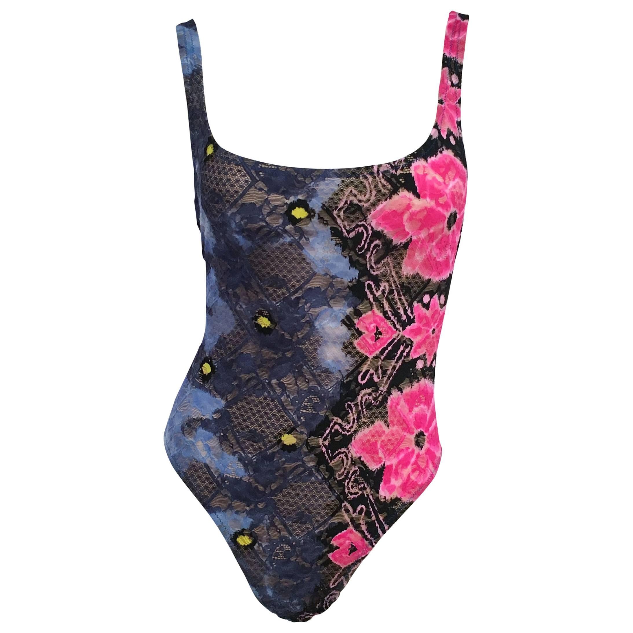 90s Versace Pink and Blue Lace Swimsuit For Sale