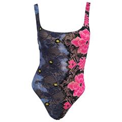Vintage 90s Versace Pink and Blue Lace Swimsuit