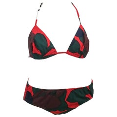 60s Red & Green Abstract Art Printed Cotton String Bikini