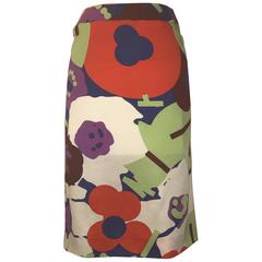 New Chanel 2000 Bold Abstract Floral Print Silk Pencil Skirt Red Blue White 1