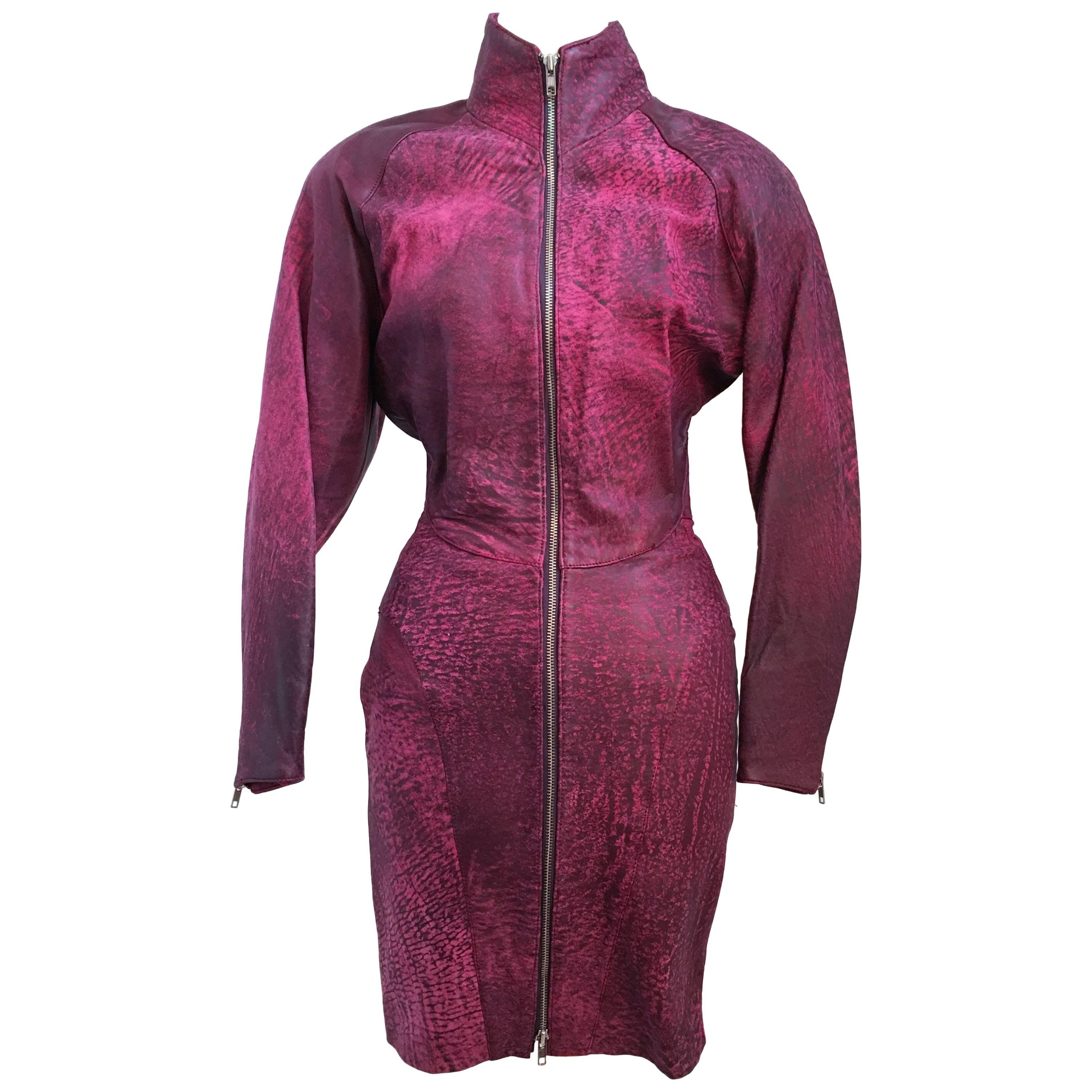 80s Michael Hoban North Beach Leather Pink Zip Up Dress For Sale