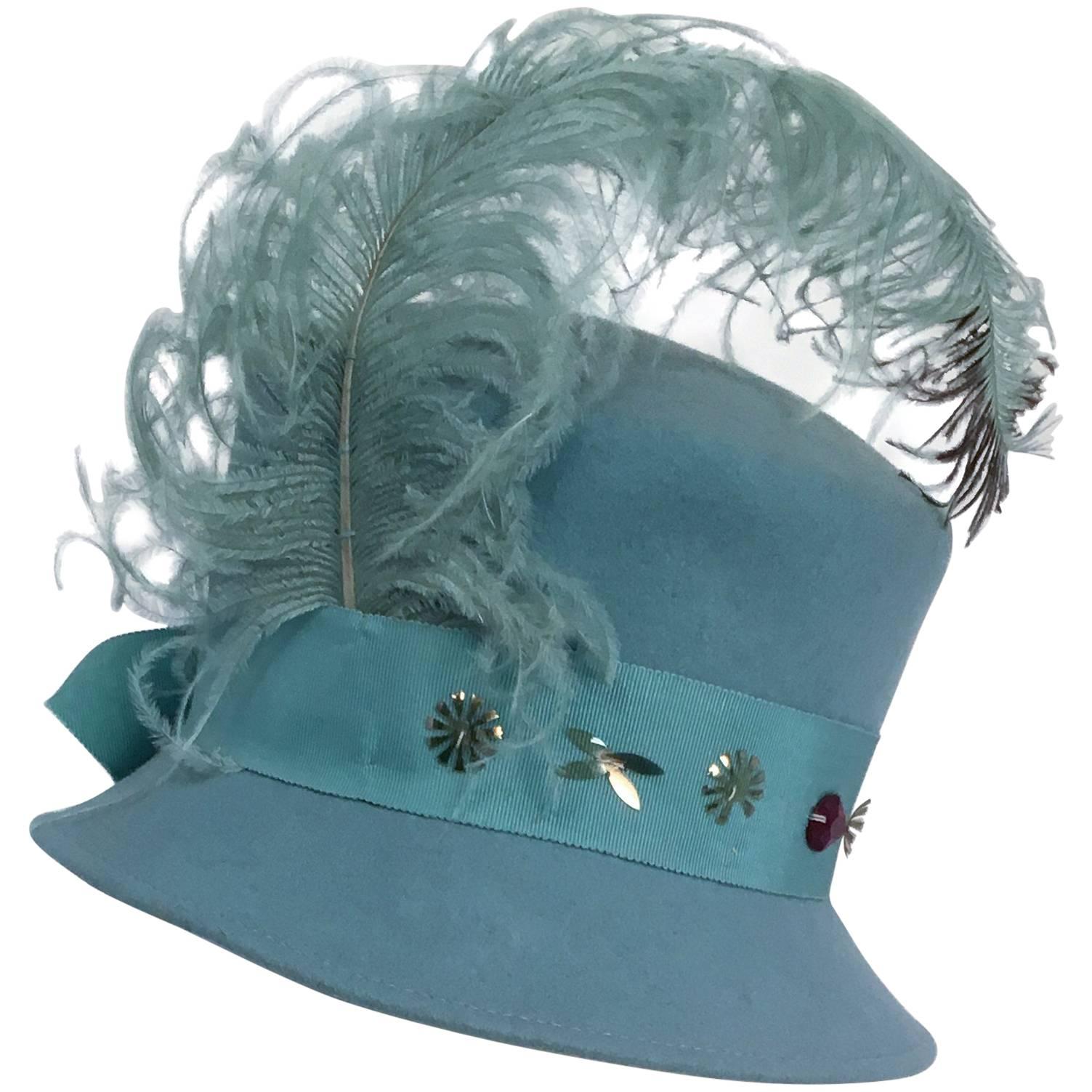40s Robin Egg Blue Toy Hat w/ Feather