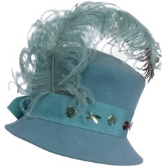 Vintage 40s Robin Egg Blue Toy Hat w/ Feather
