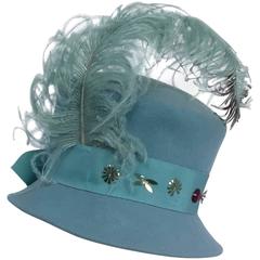 40s Robin Egg Blue Toy Hat w/ Feather 7
