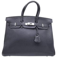 Hermes Birkin 35 Bleu Indigo Dark Blue Togo Leather Silver Metal Top Handle Bag