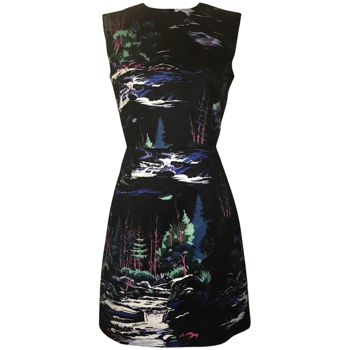 Balenciaga 2014 Black Forest River Wood Bold Print A-Line Cotton Dress
