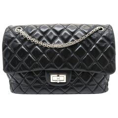 Chanel Black Quilting Calfskin Leather 2.55 Flap Silver Metal Shoulder Bag