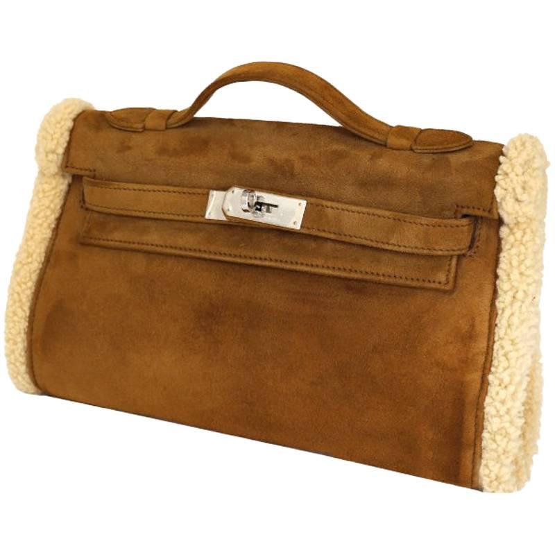 Hermes Kelly Teddy Pochette Veau Doblis Suede & Mouton Shearling Muff RARE For Sale