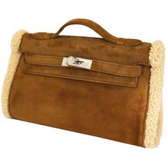 Hermes Kelly Teddy Pochette Veau Doblis Suede & Mouton Shearling Muff RARE