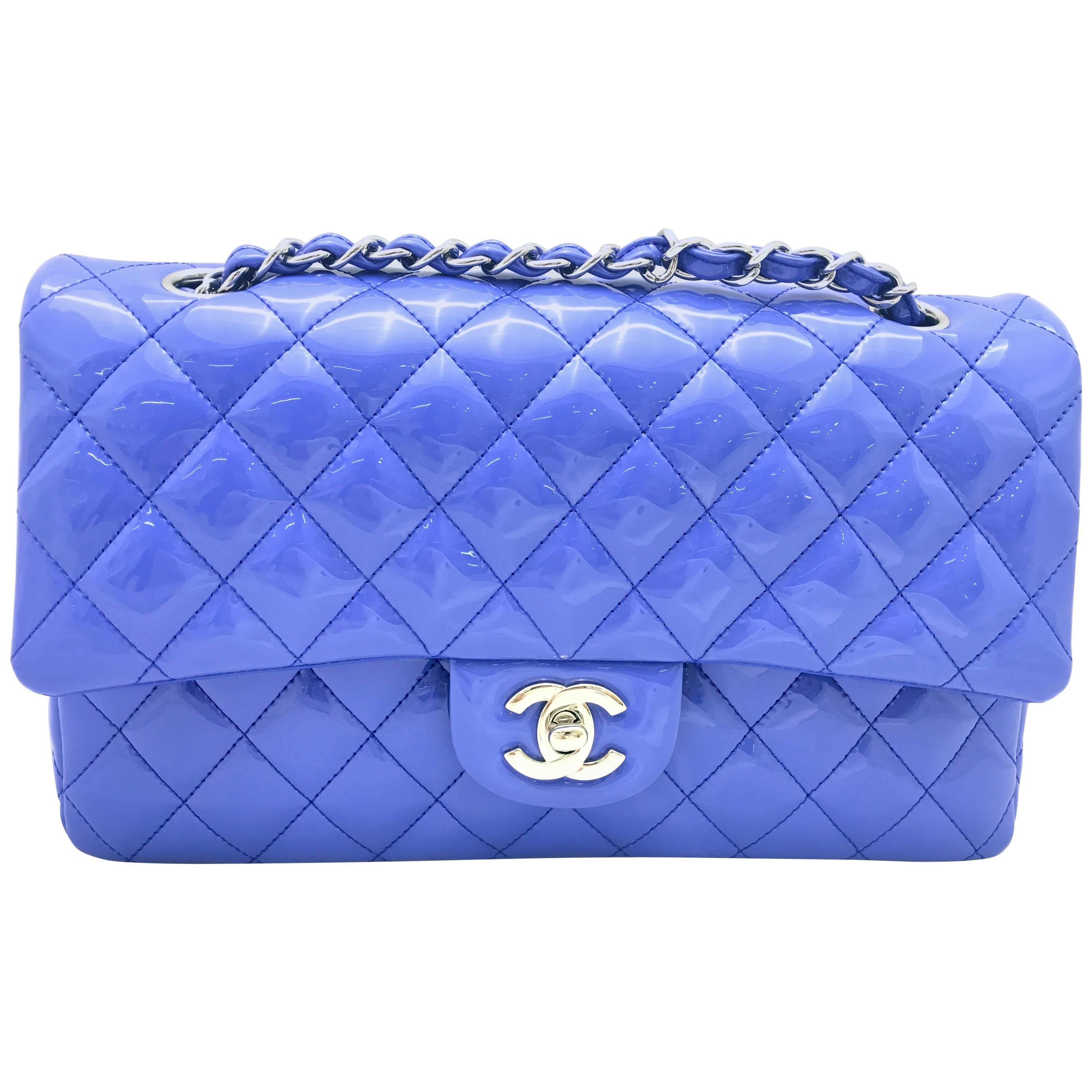 Chanel Classic Double Flap Blue Quilting Patent Silver Metal Shoulder Bag