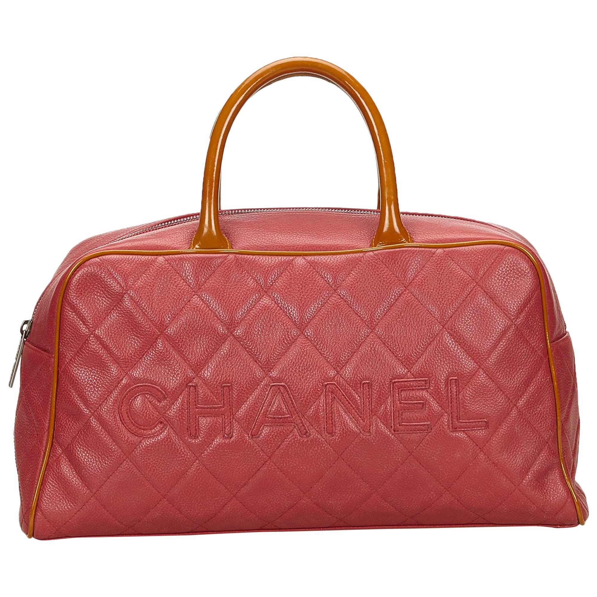 Chanel Pink Matelasse Leather Logo Bowling Handbag 