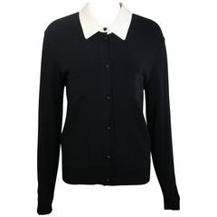 Chanel Black with White Ribbed Collar Cardigan 
