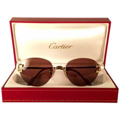 New Vintage Cartier Portofino Gold 50mm Rimless Brown Lens France Sunglasses