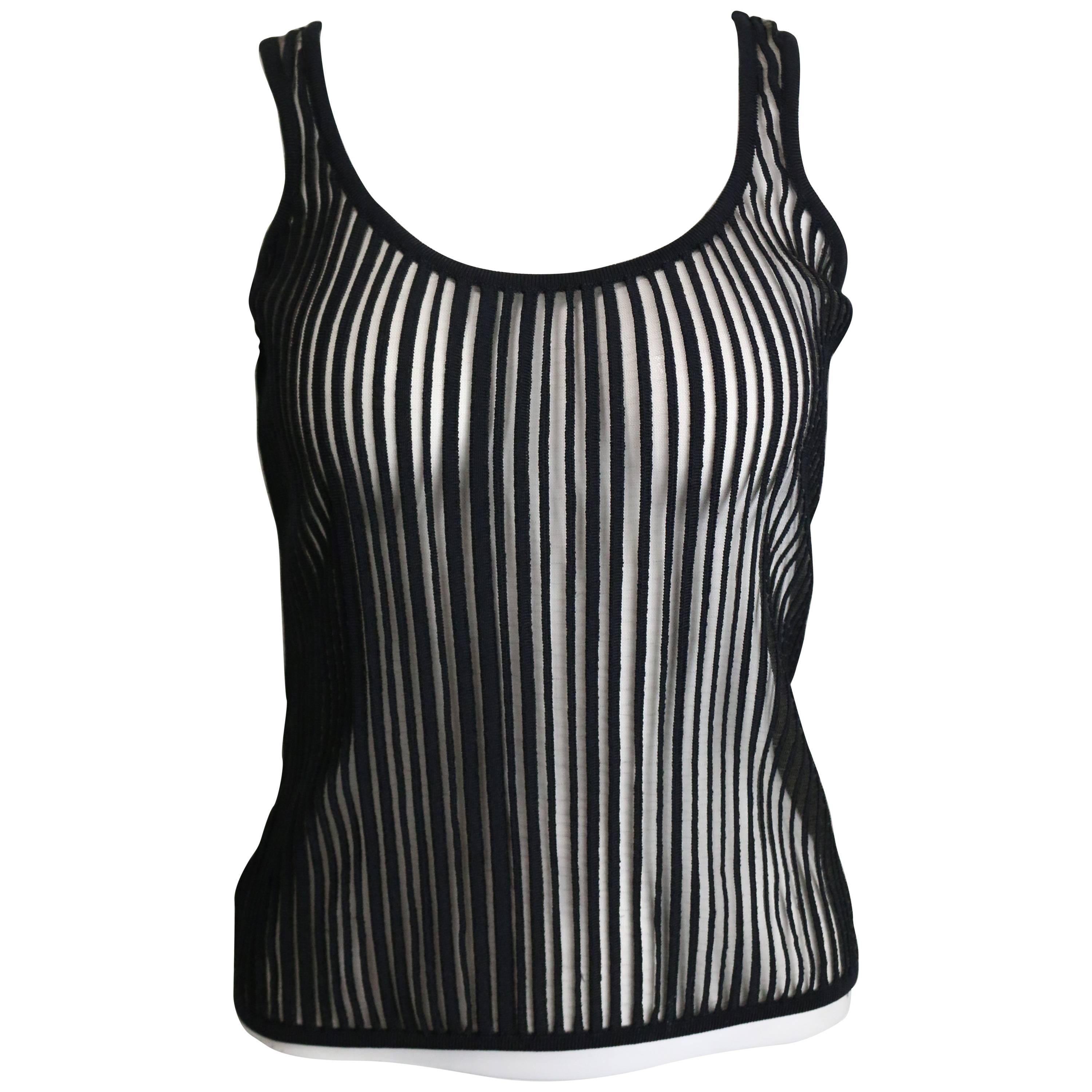 Thierry Mugler Black Knitted Vertical Stripe See Through Tank Top For Sale