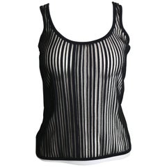 Thierry Mugler Canottiera nera a righe verticali in maglia con stampa a vista