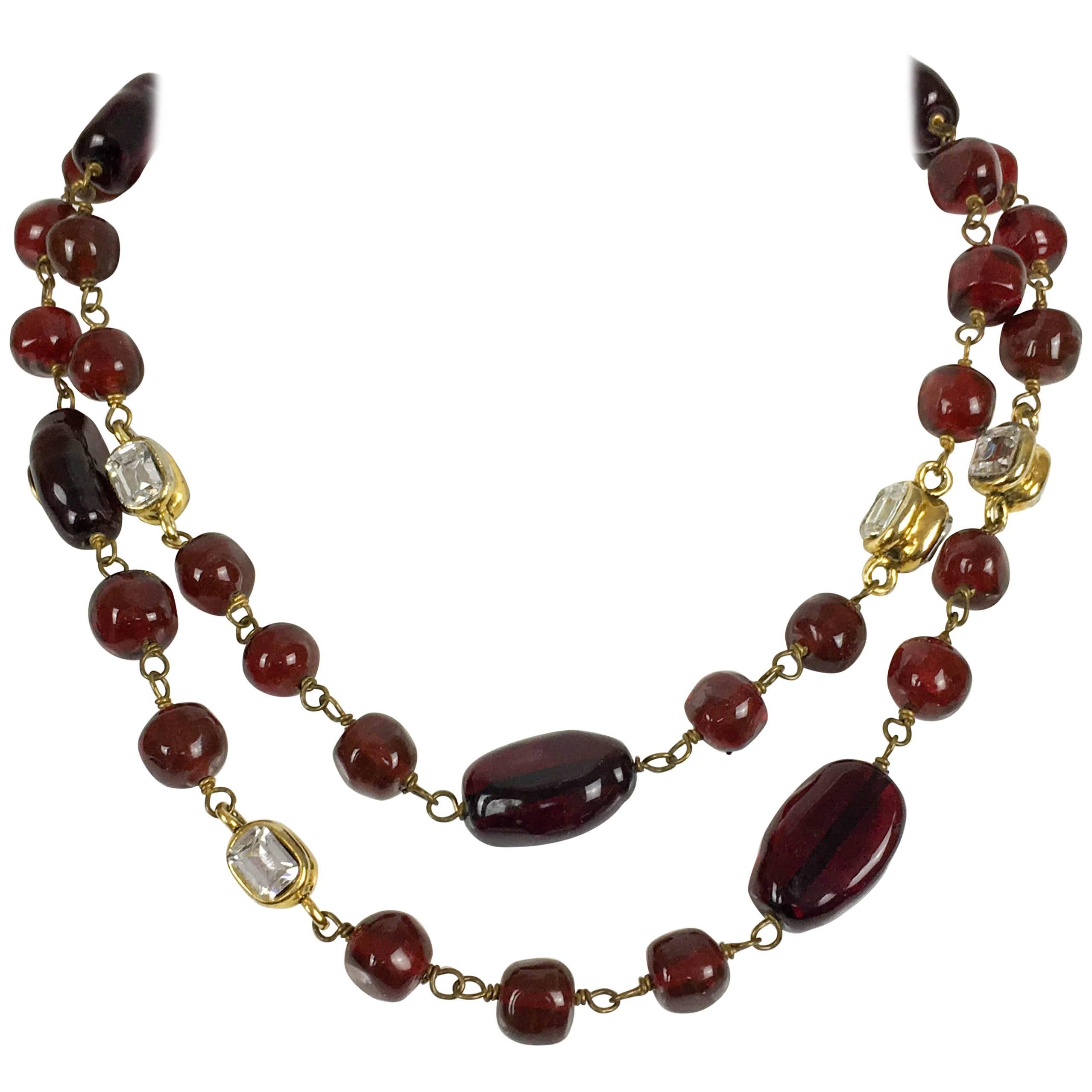 1970s Chanel Red Gripoix and Rhinestone Long Necklace