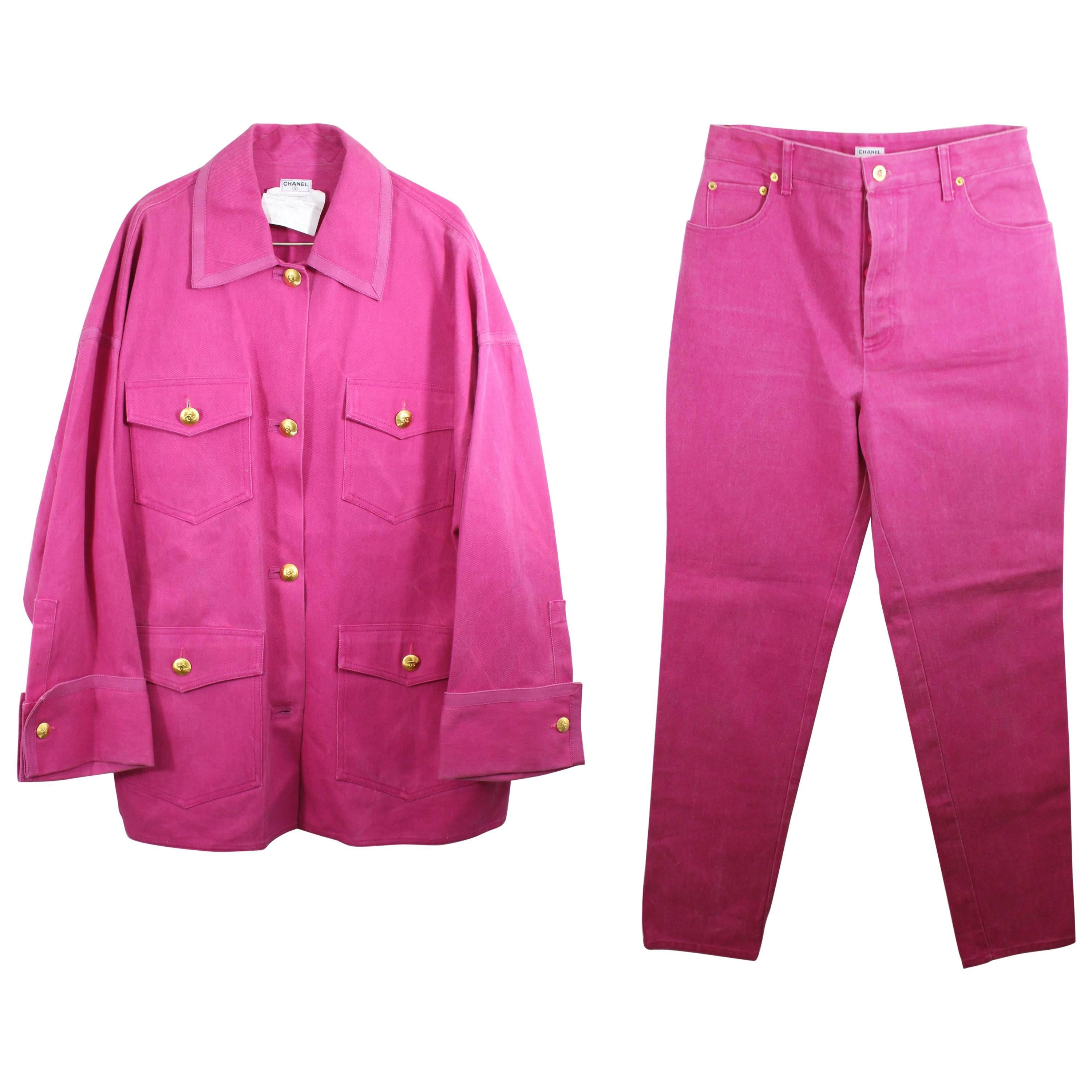 Iconic 1991  Collection Vintage Pink Jean Chanel Suit (Jacket + Trouser) 