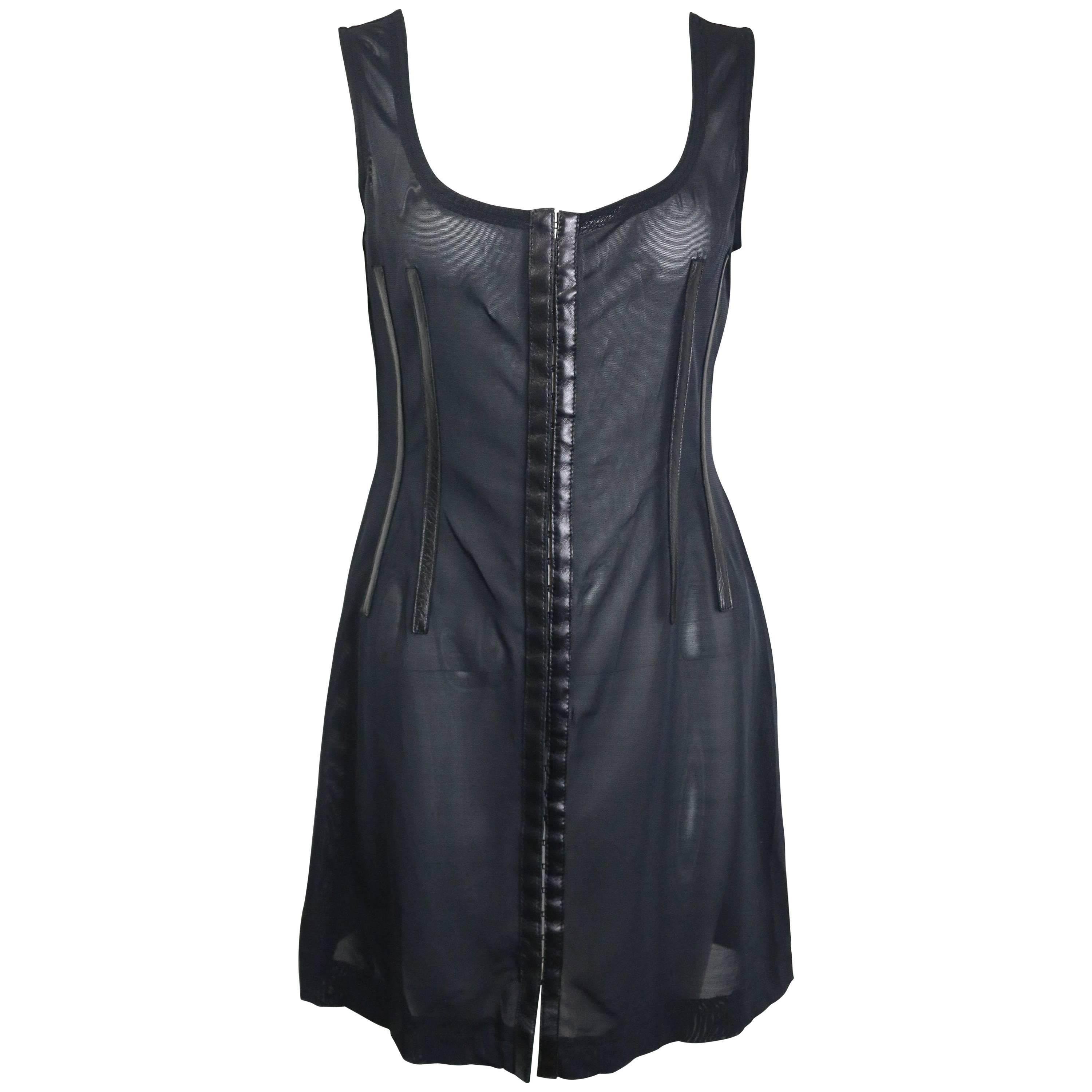 Plein Sud Black Leather Trim See Through Sleeveless Dress For Sale