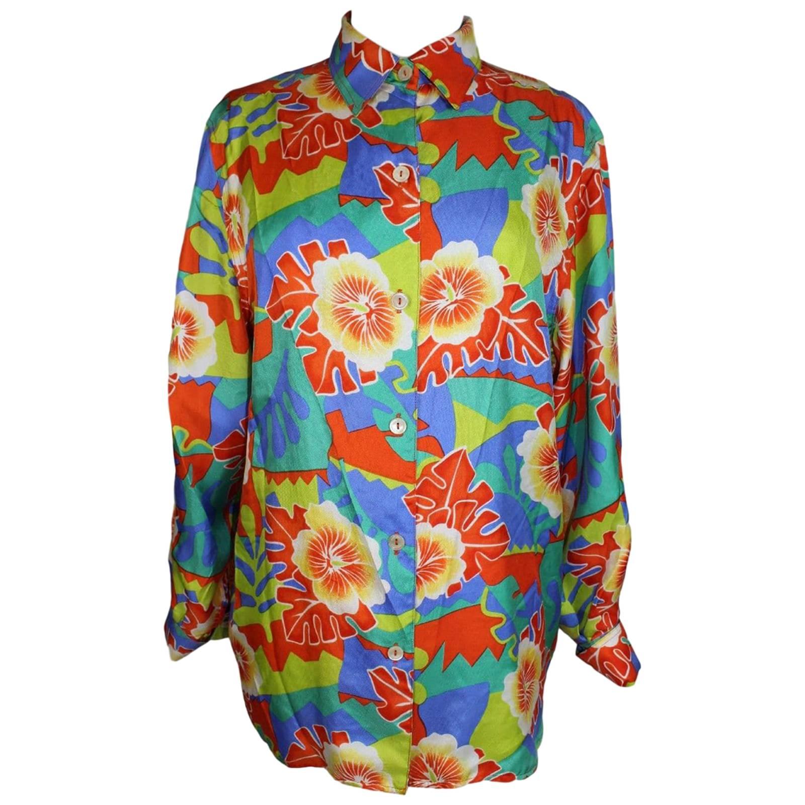 Nazareno Gabrielli floral orange silk blouse shirt size 44 women's 1980s vintage