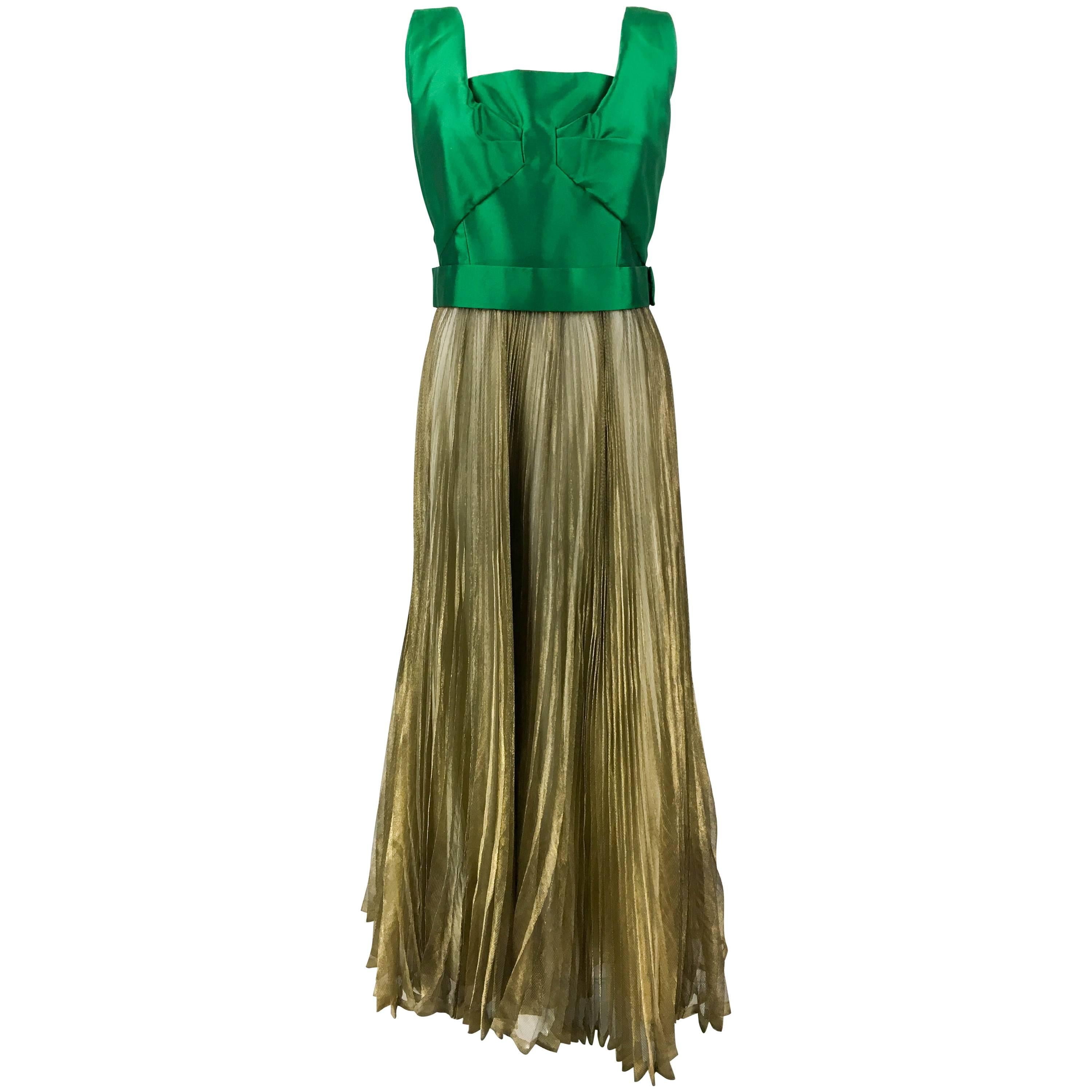 Lanvin Haute Couture Green Gazar and Gold Lame Pleated Gown, early 1960s For Sale