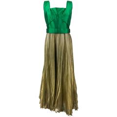 Lanvin Haute Couture Green Gazar and Gold Lame Pleated Gown, early 1960s