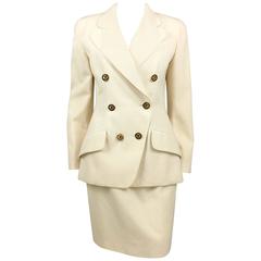 Vintage 1993 Chanel Cream Wool Skirt Suit With Gilt Logo Buttons