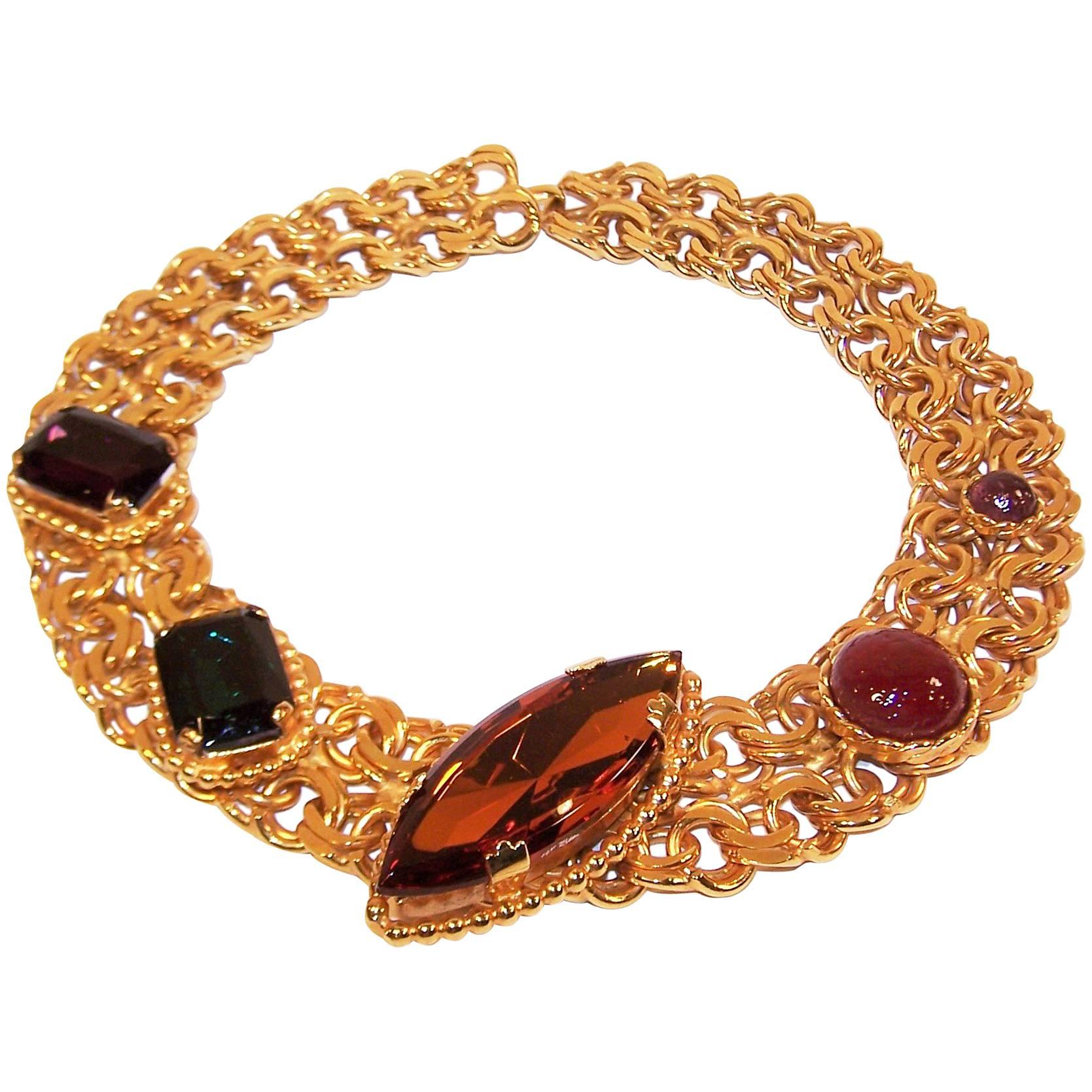 Stunning 1980's Dominique Aurientis Gold Collar Necklace With Gripoix Glass