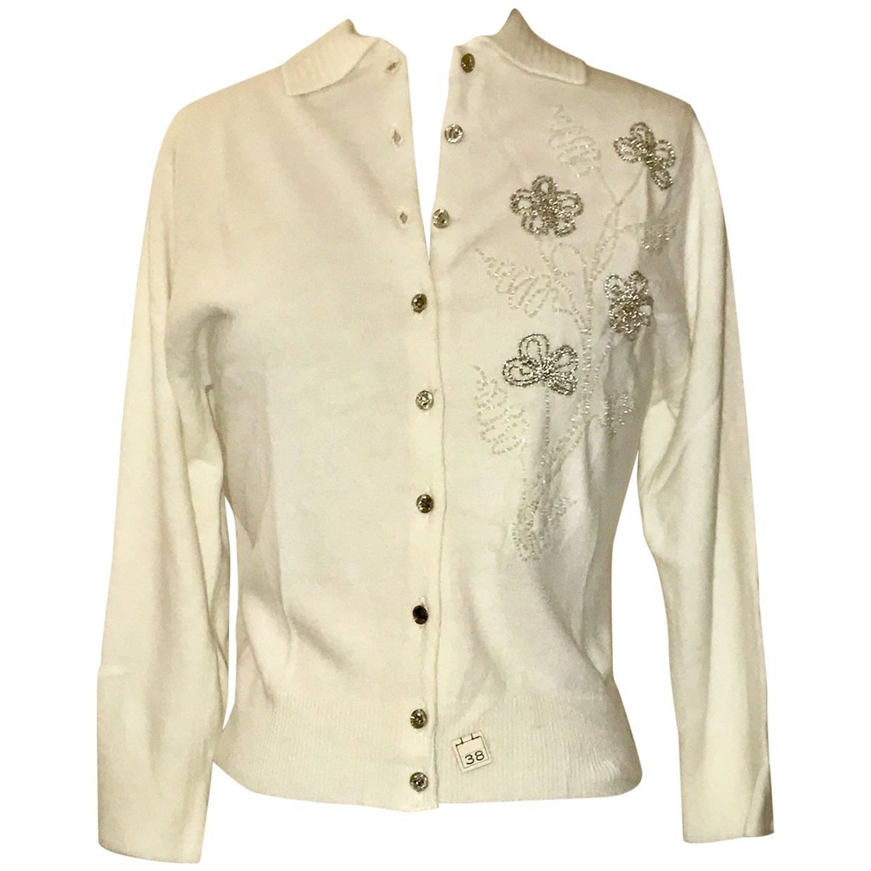 Schiaparelli Soft White Floral Beaded Embellished Cardigan Sweater, 1960s