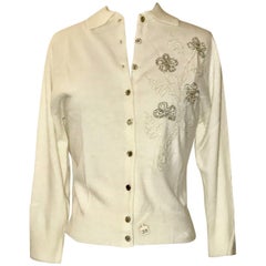 Schiaparelli Soft White Floral Beaded Embellished Cardigan Sweater, 1960s 