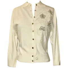 Retro Schiaparelli Soft White Floral Beaded Embellished Cardigan Sweater, 1960s 