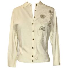 New Schiaparelli 1960s Soft White Floral Beaded Embellished Cardigan Sweater 1