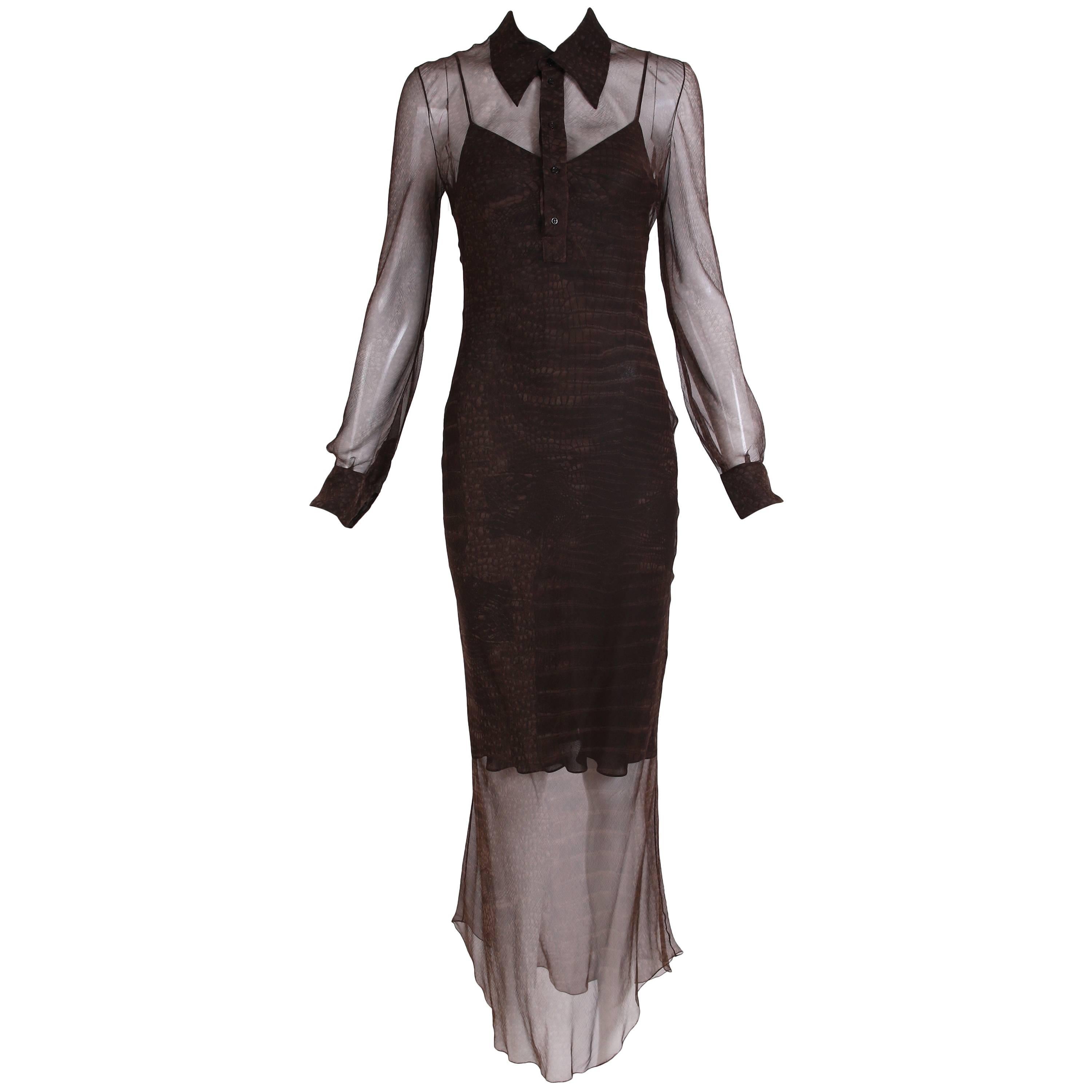 John Galliano Brown Silk Chiffon Snake Print Transparent Dress For Sale