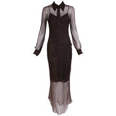 John Galliano Brown Silk Chiffon Snake Print Transparent Dress