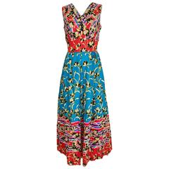 1970s Teal and Red Floral Print Sleeveles Cotton Maxi Vintage Dress 12