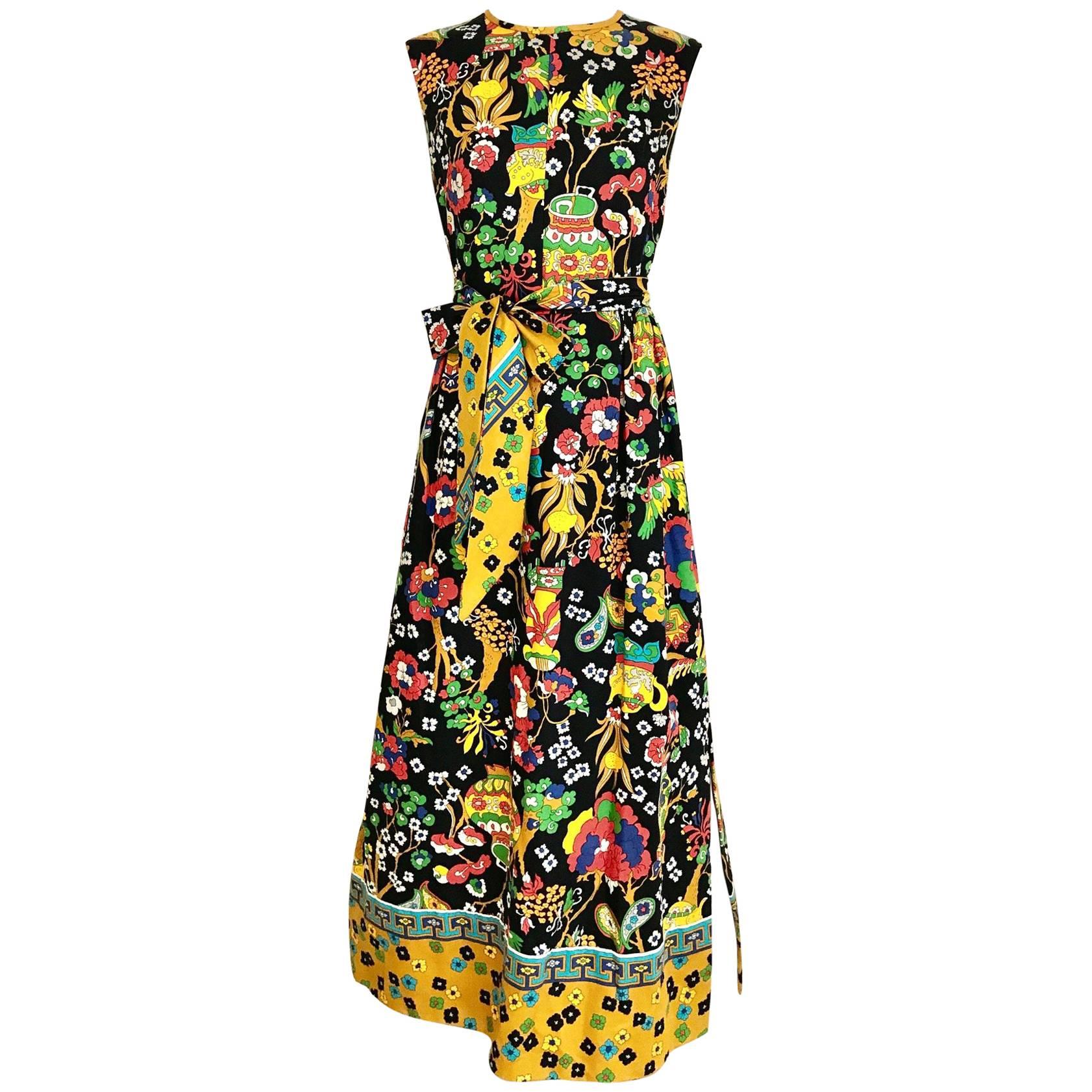 1970s Multi Color Bold Print Sleeveless Cotton Maxi Dress