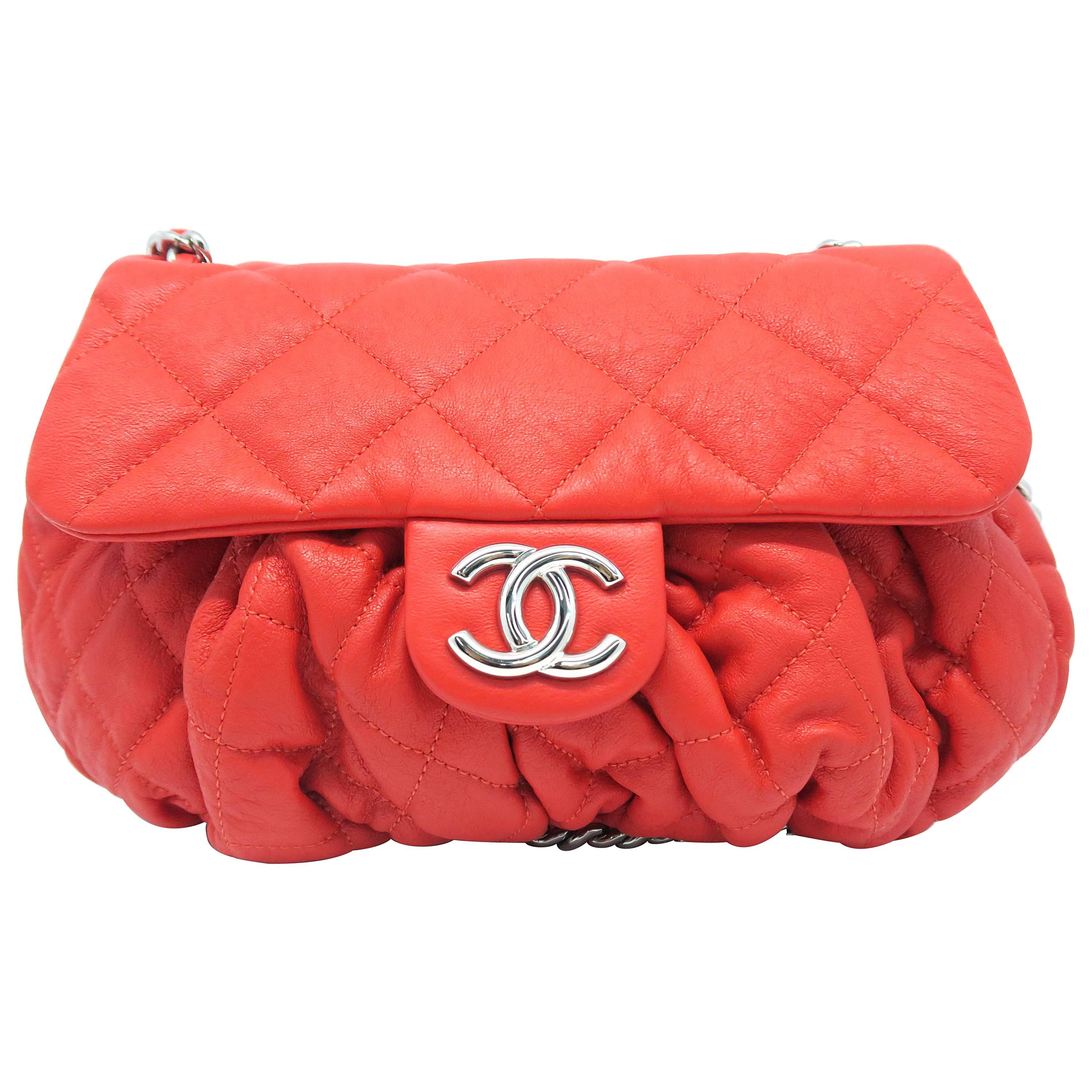 Chanel Red Quilting Calfskin Leather Silver Metal Shoulder Bag For Sale