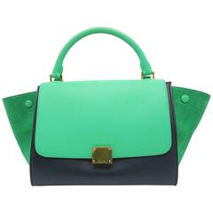 Celine Trapeze Navy Blue/ Green Calfskin/ Suede Leather Satchel Bag