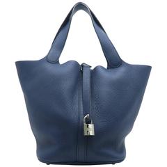 Hermes Picotin GM Dark Blue Bleu Saphir Clemence Leather Handbag